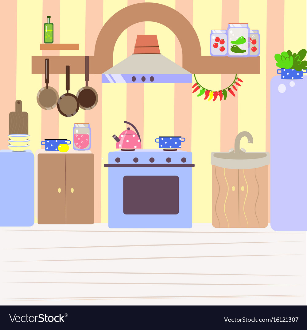 Cute cozy kitchen flat cartoon interior Royalty Free Vector