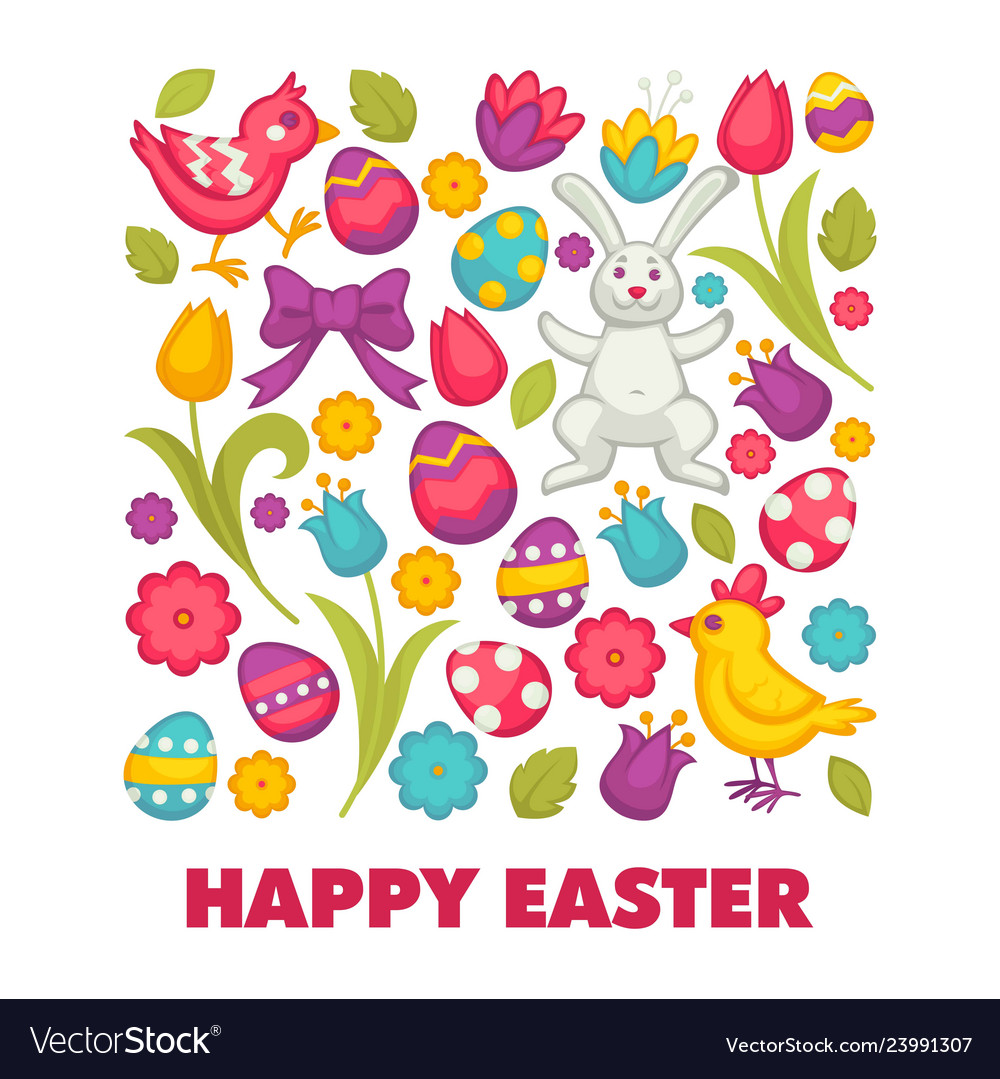 Happy Easter Religious Holiday Bunny And Chicken Vector Image