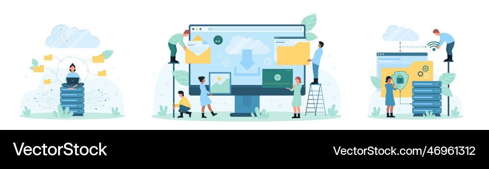 Cloud data storage and security set tiny people Vector Image