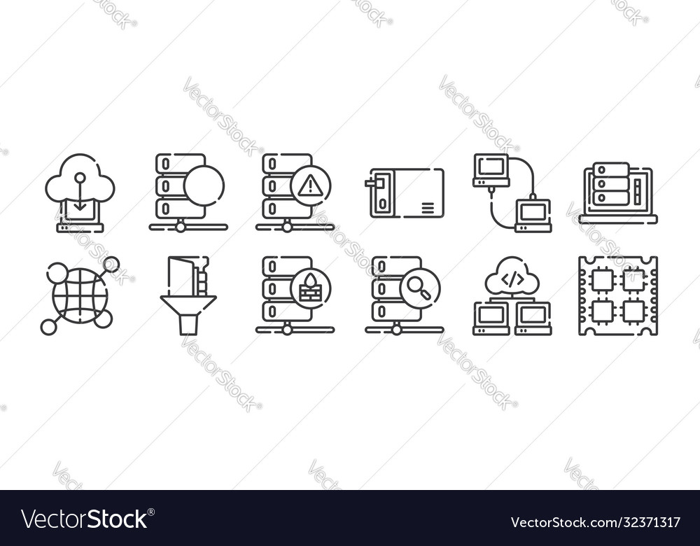 12 set linear database and servers icons thin Vector Image