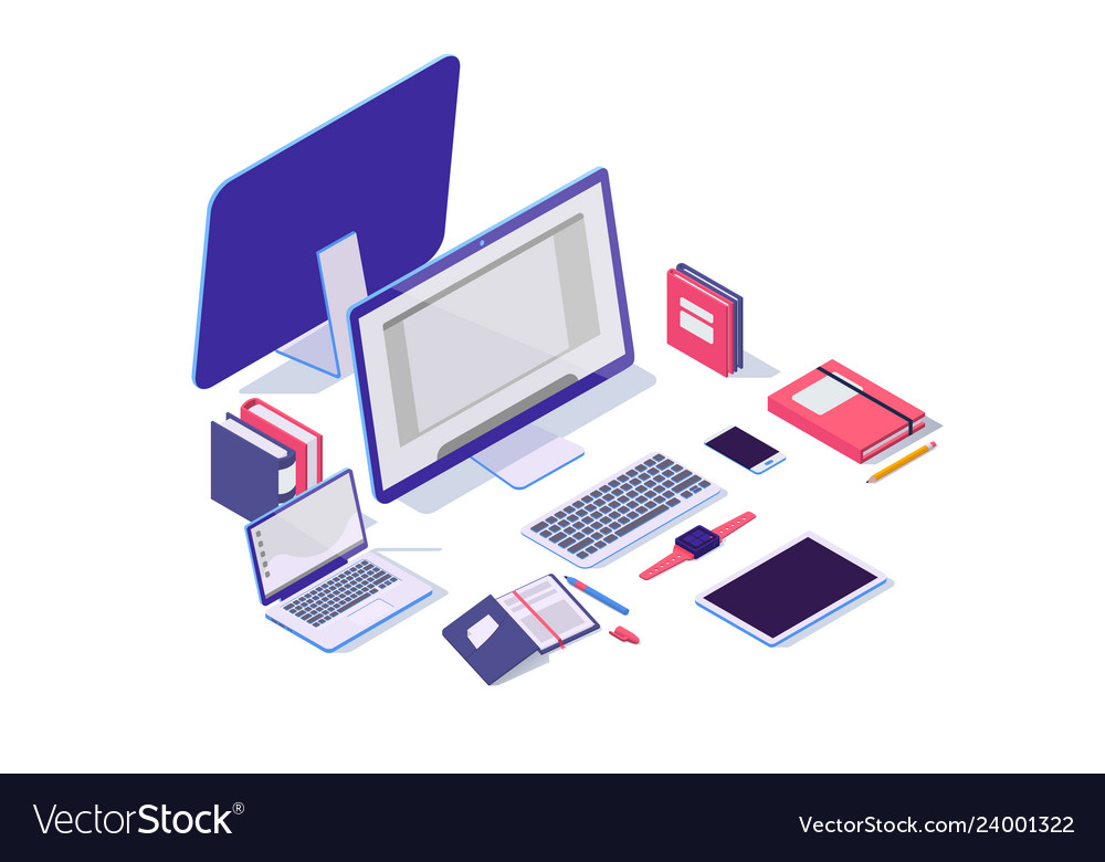 Isometric 3d Electronic Items With Laptop Tablet Vector Image