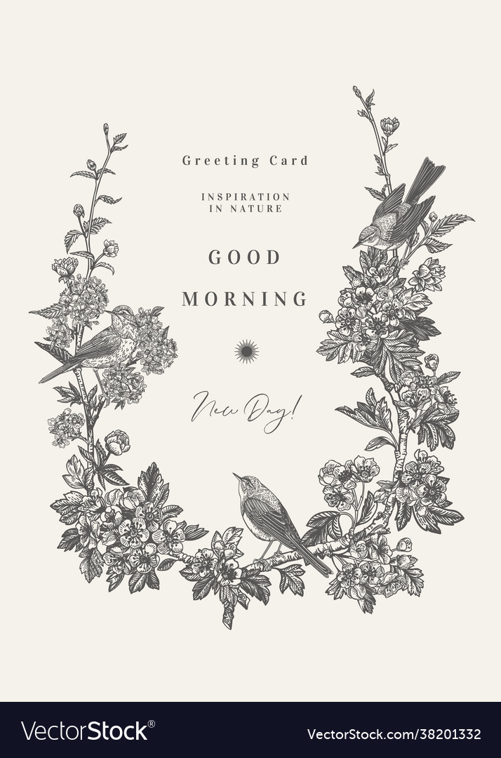Card with floral wreath and warblers vector image Card with floral wreath and warblers