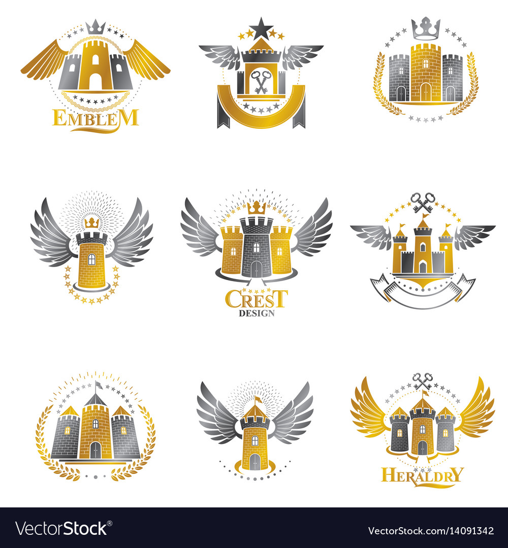 Ancient Forts Emblems Set Heraldic Coat Arms Vector Image 8383