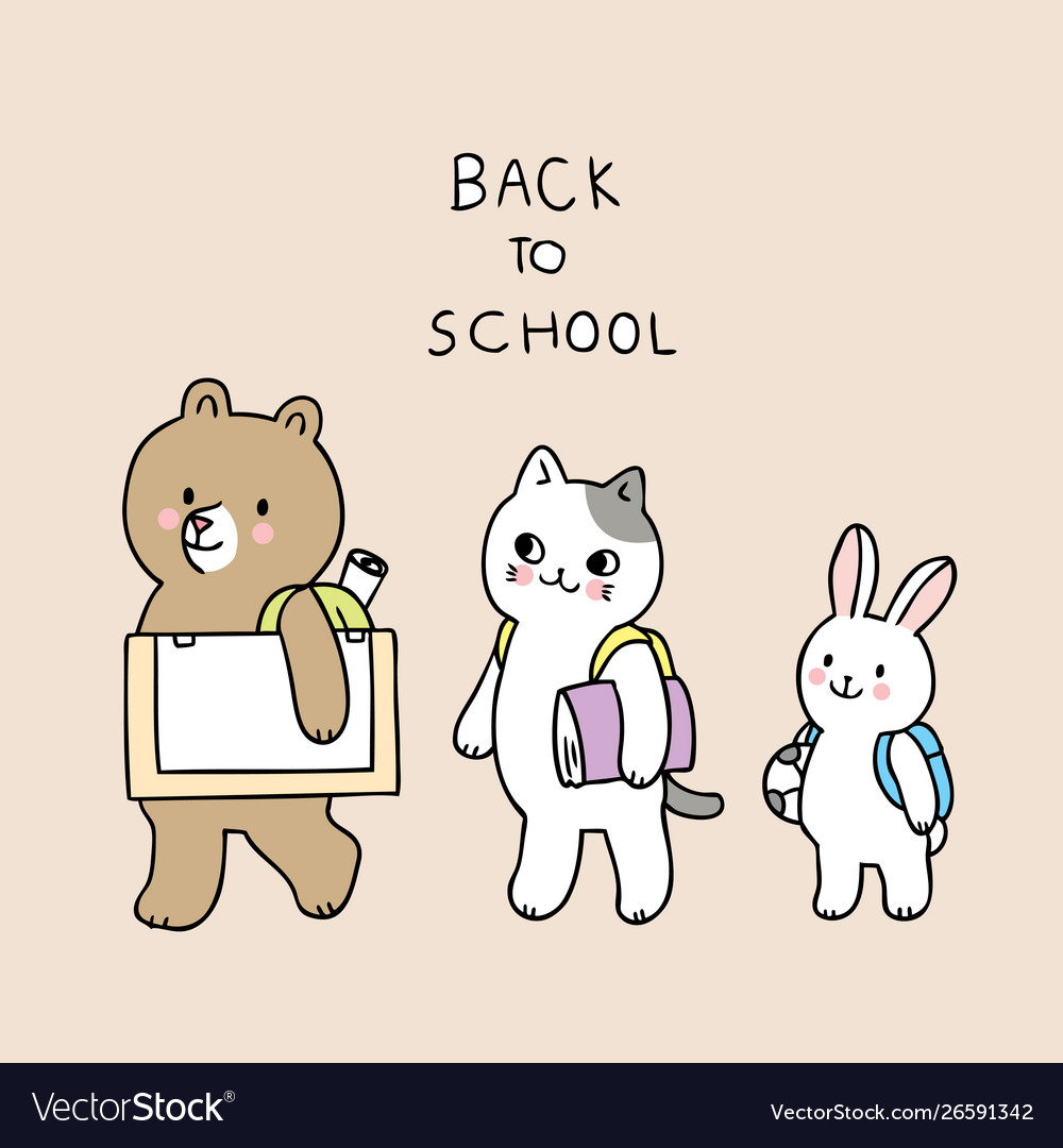 Cartoon cute back to school animals walking to sch