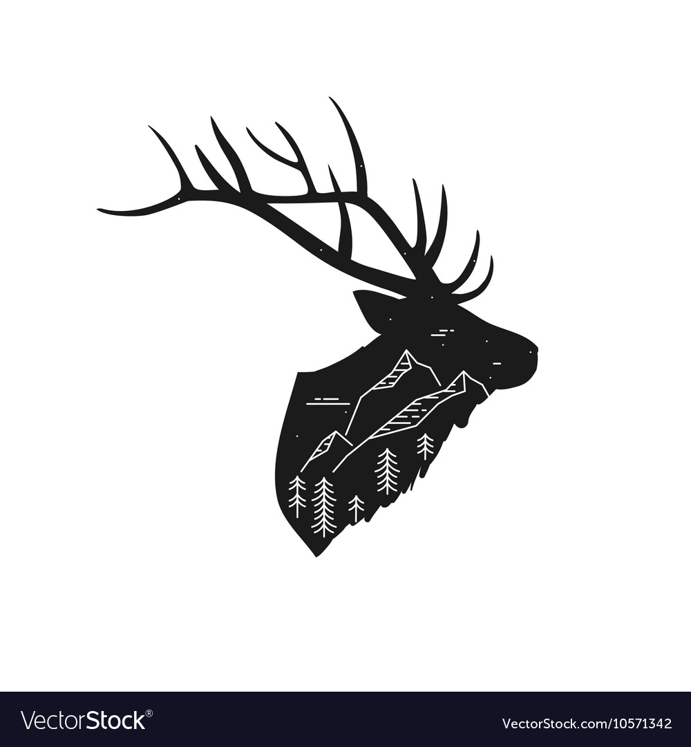 Deer silhouette with linear mountain landscape Vector Image