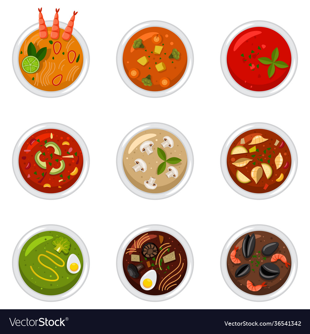 Food soup in dish top view icon set Royalty Free Vector