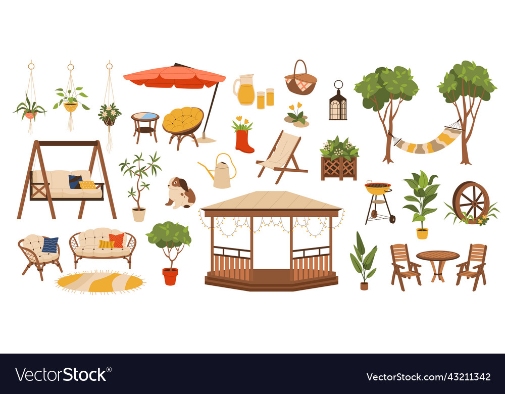 Garden furniture backyard cartoon flat elements Vector Image