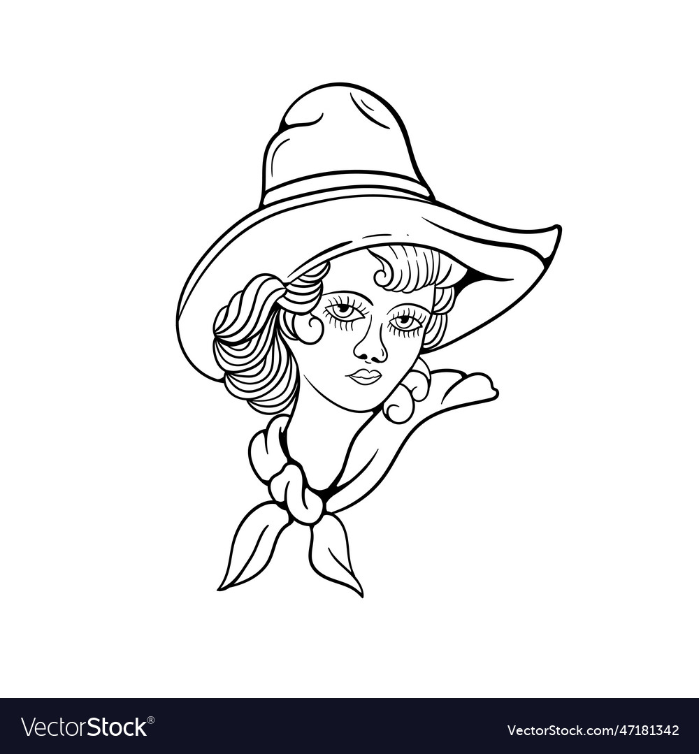 Hand drawn of cowboy girl outline