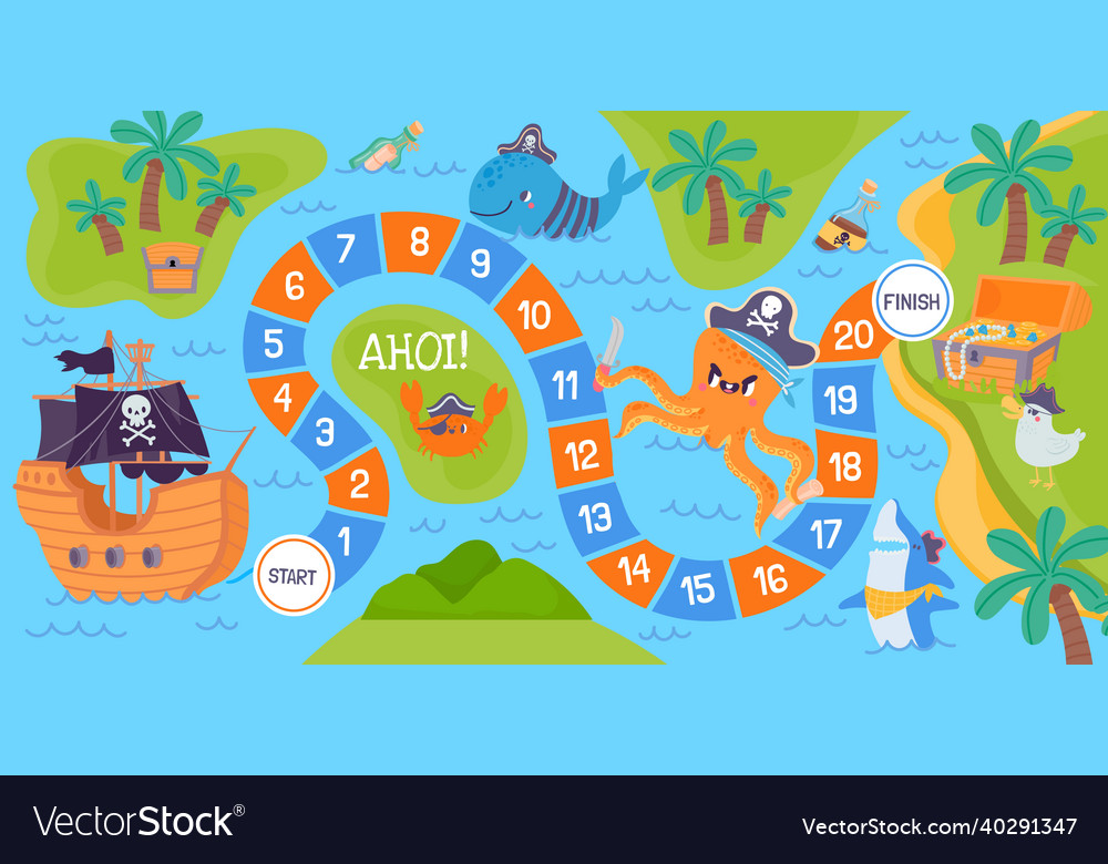Cartoon pirate board dice game with map road Vector Image Cartoon pirate board dice game with map road Vector Image