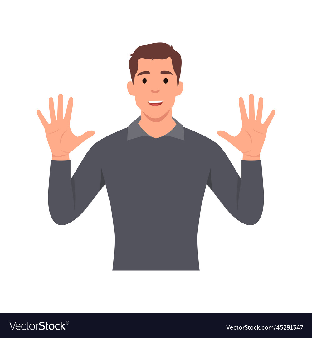 Man raise his hand to show the count number 10 Vector Image