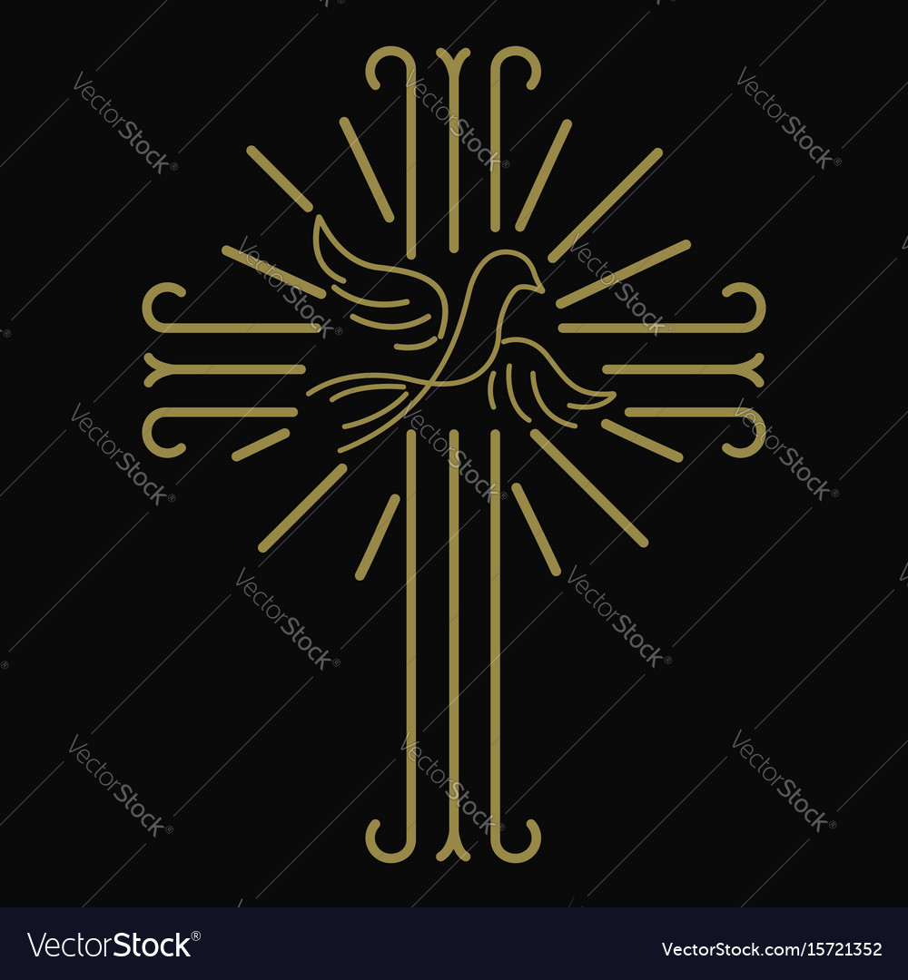 Christian cross with dove in line style Royalty Free Vector