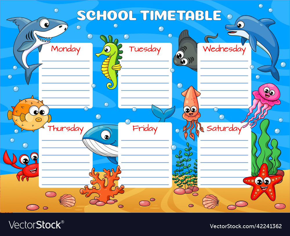 Education timetable schedule cartoon sea animals Vector Image