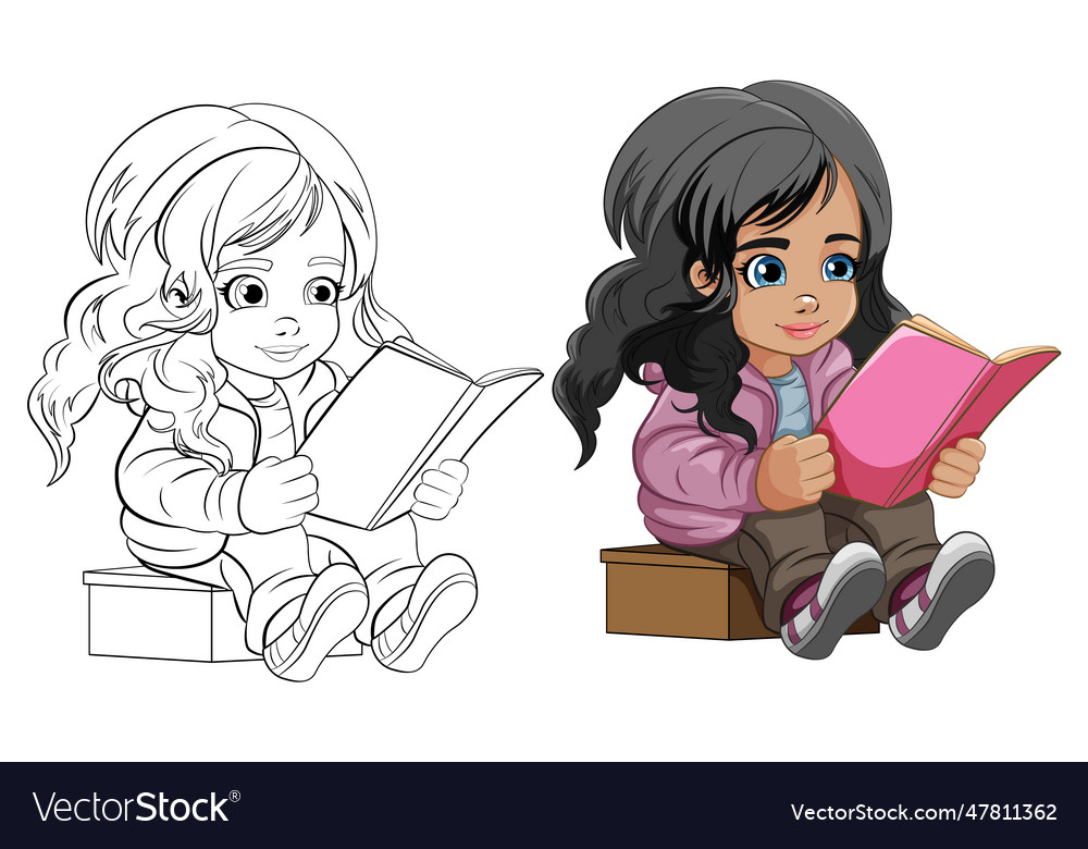 Young Girl Cartoon Reading A Book Royalty Free Vector Image