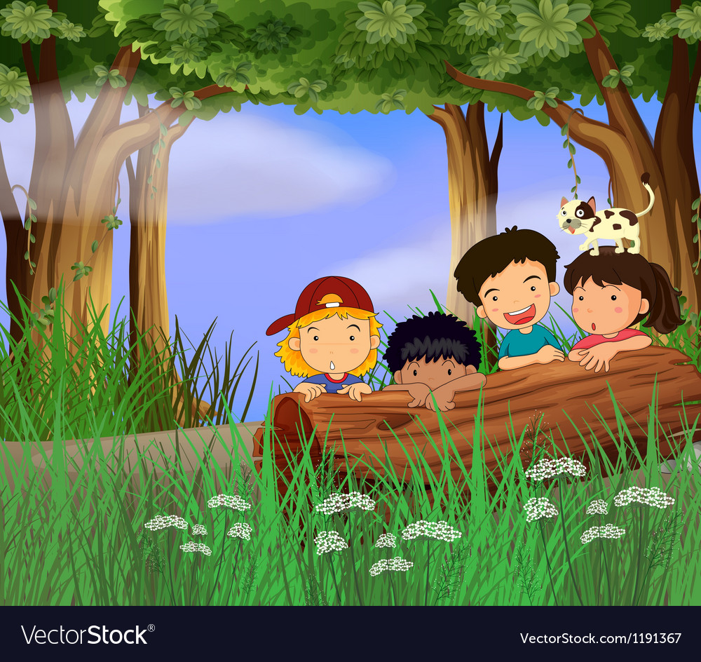 Four childrens playing in the forest Royalty Free Vector