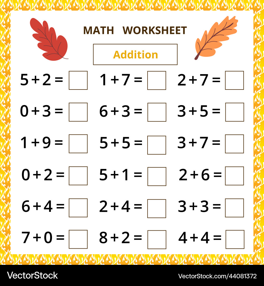 Math worksheetaddition Royalty Free Vector Image