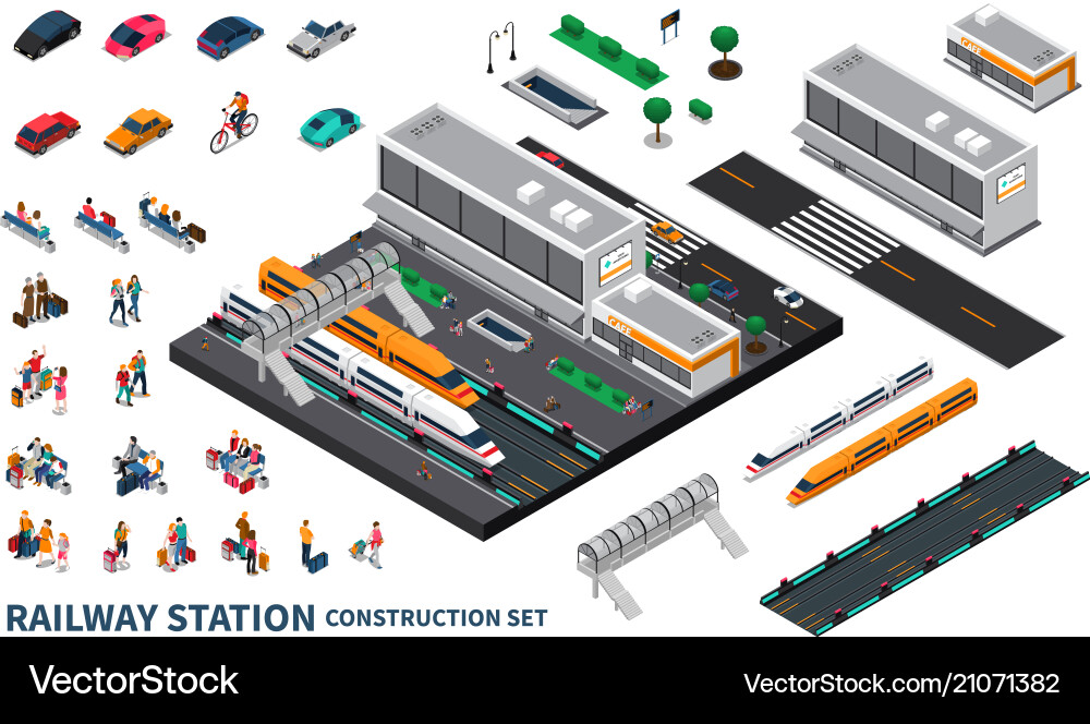 Railway station isometric constructor Royalty Free Vector