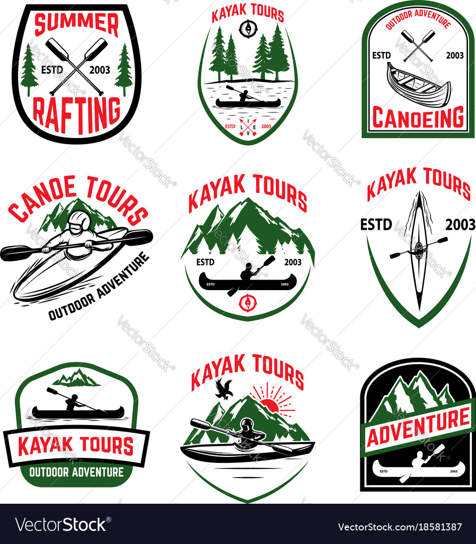 Set of kayak tours emblems kayaking canoeing