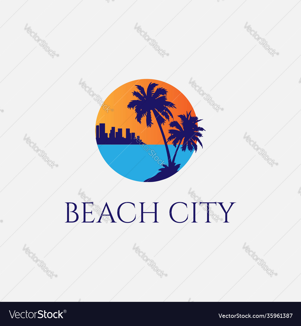 Sunset palm beach city silhouette logo design