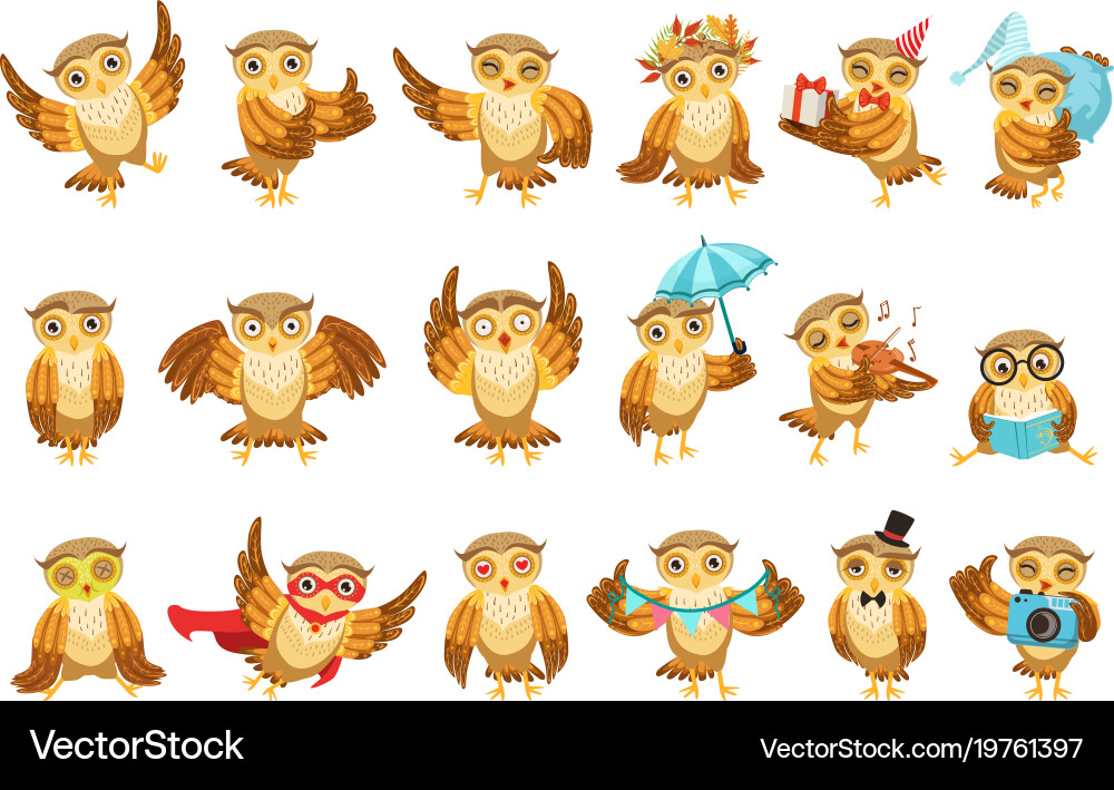 Cute brown owl emoji icon set Royalty Free Vector Image