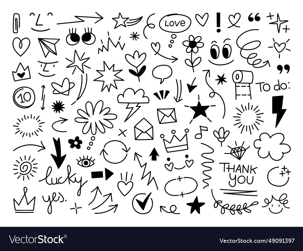 Doodle cute glitter pen line elements Royalty Free Vector