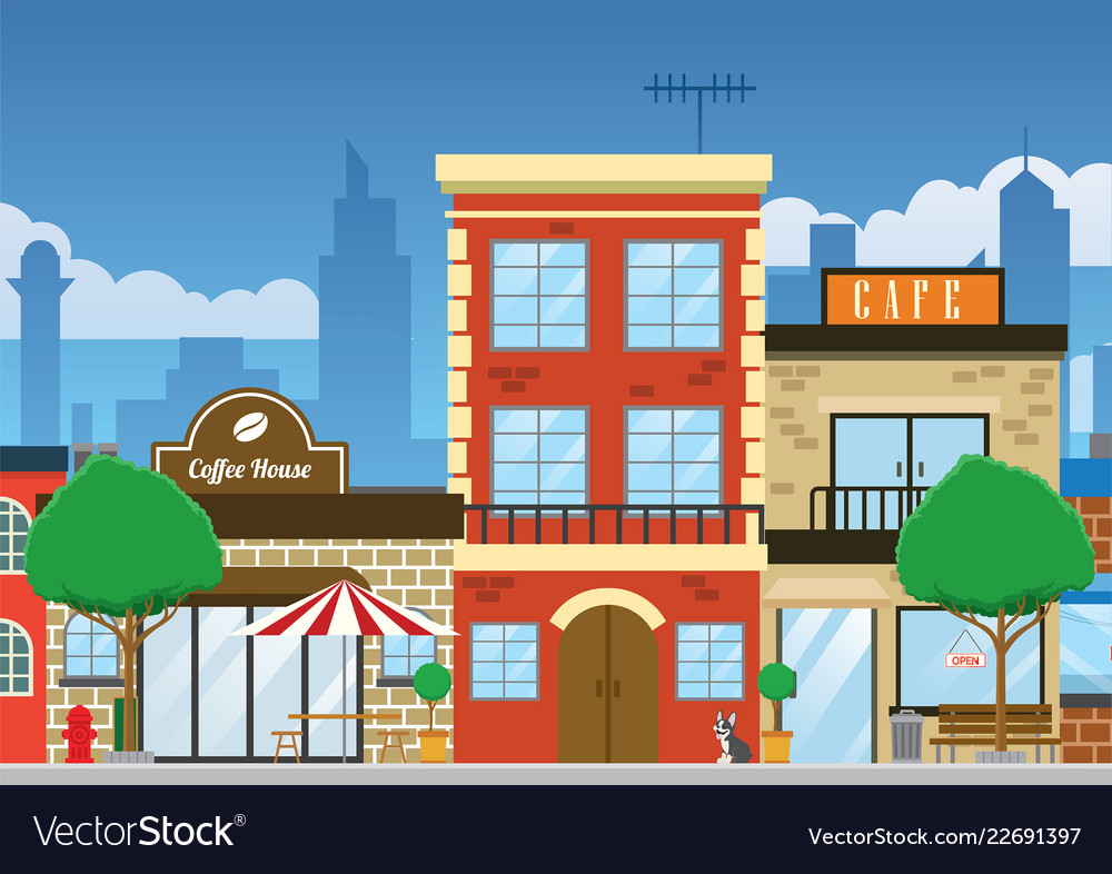 Downtown shopping street in clean flat style Vector Image