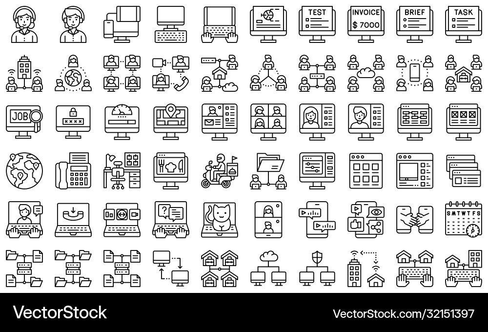 Telecommuting or remote work line icon set Vector Image