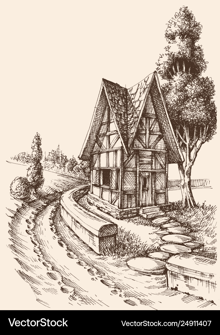 Countryside Artistic Drawing Rural Road And Vector Image