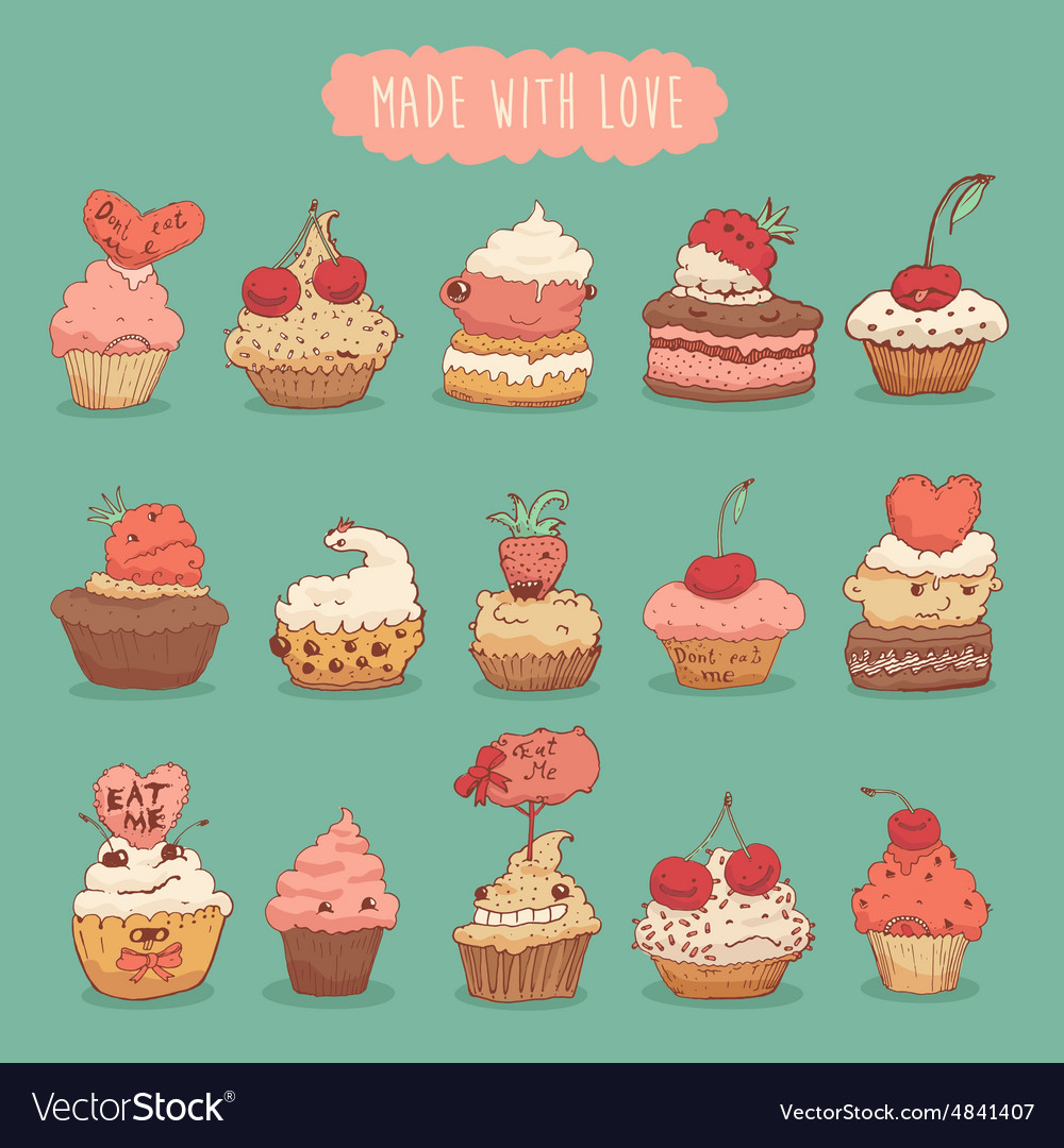 Sweet cupcakes set retro hand drawn