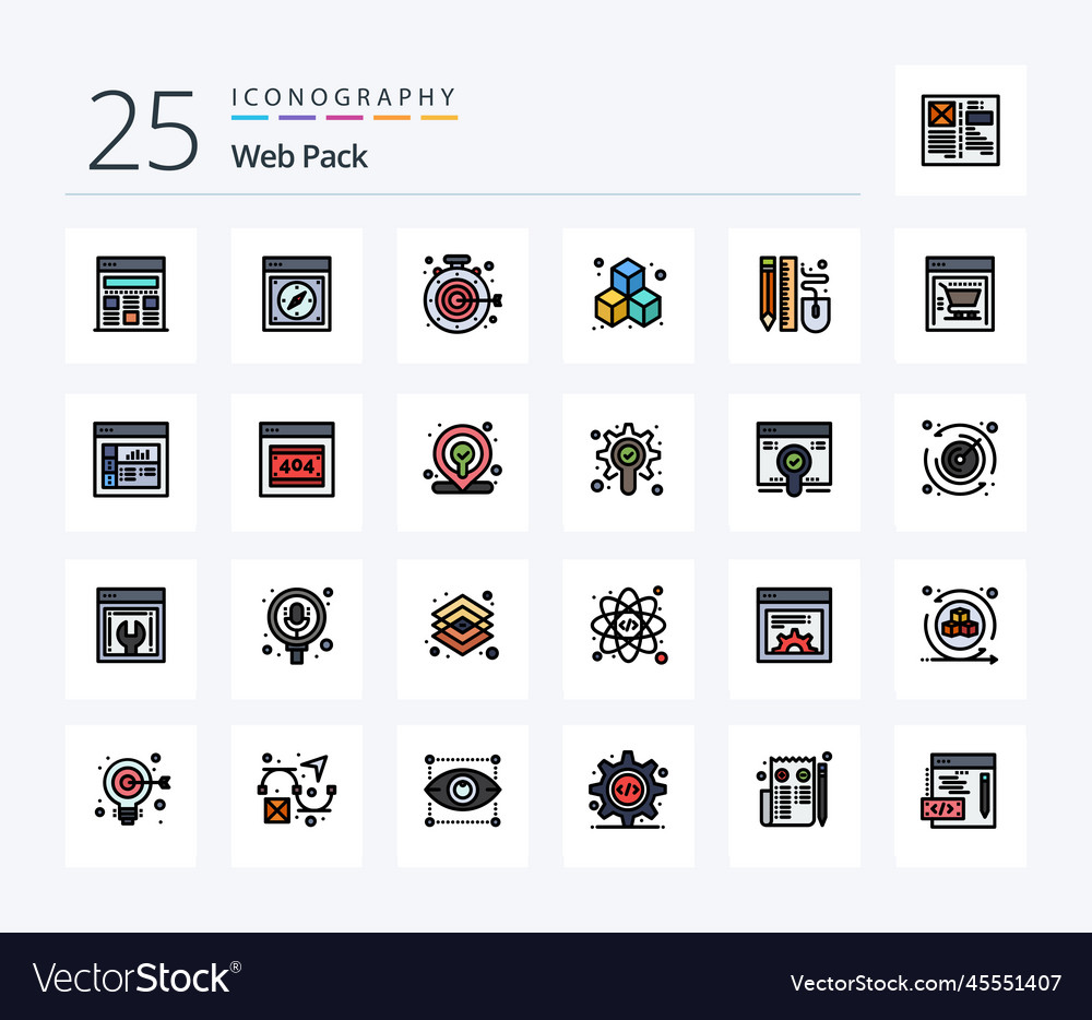 Web pack 25 line filled icon pack including pen Vector Image