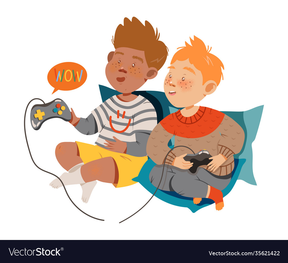 Excited boys sitting on pillows and playing video Vector Image