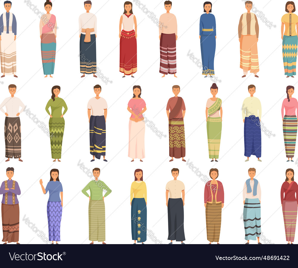 Sarong icons set cartoon woman skirt Royalty Free Vector