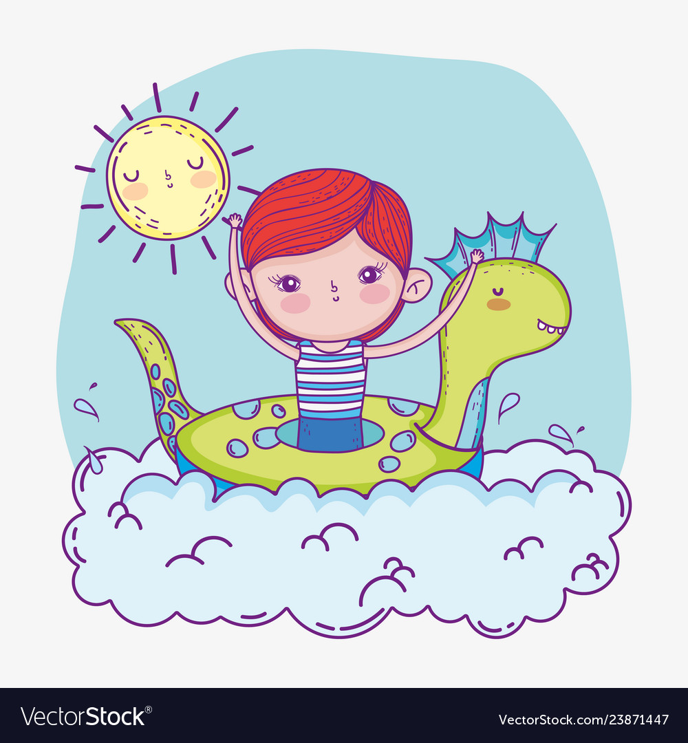 Cute boy with dinosaur float and sun