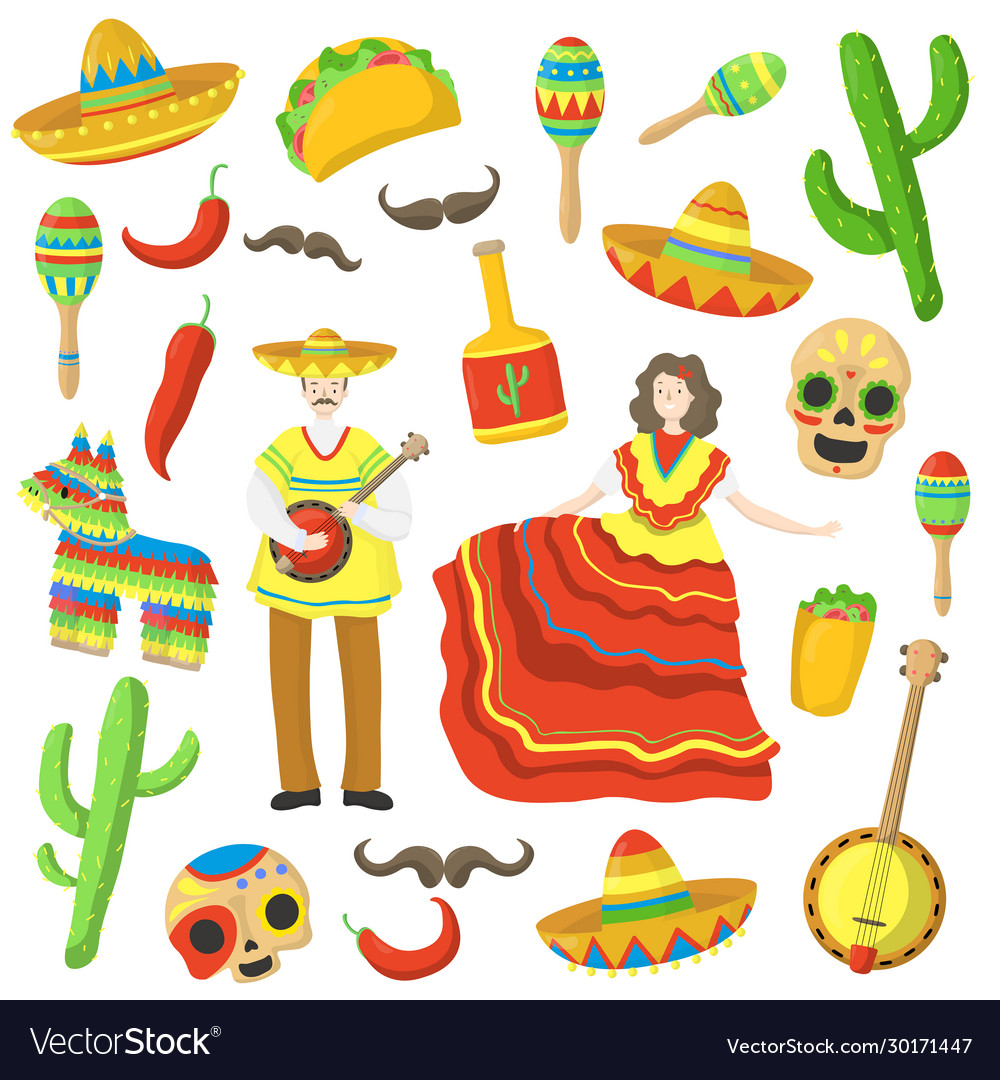 Mexico symbols for carnival holidays on hand drawn