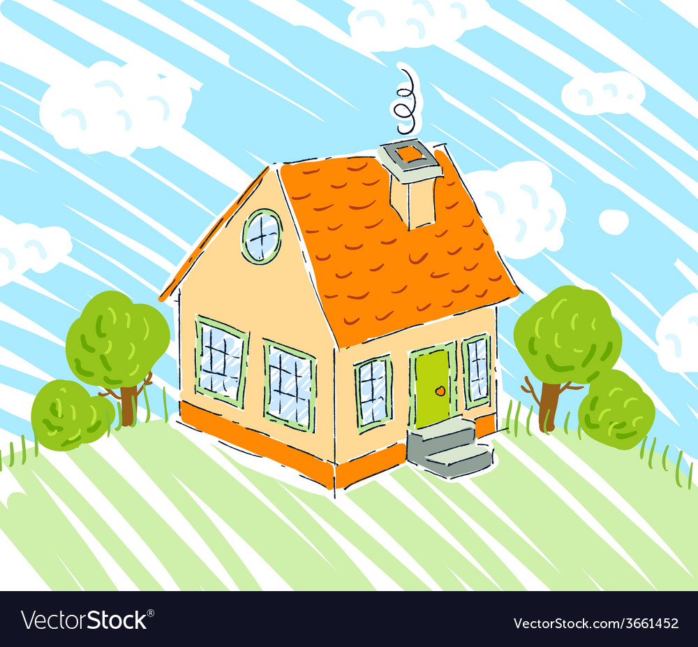 Kids drawing of new house on nature background Vector Image