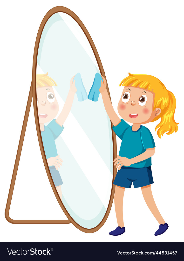 A girl wiping mirror by rag and spray Royalty Free Vector