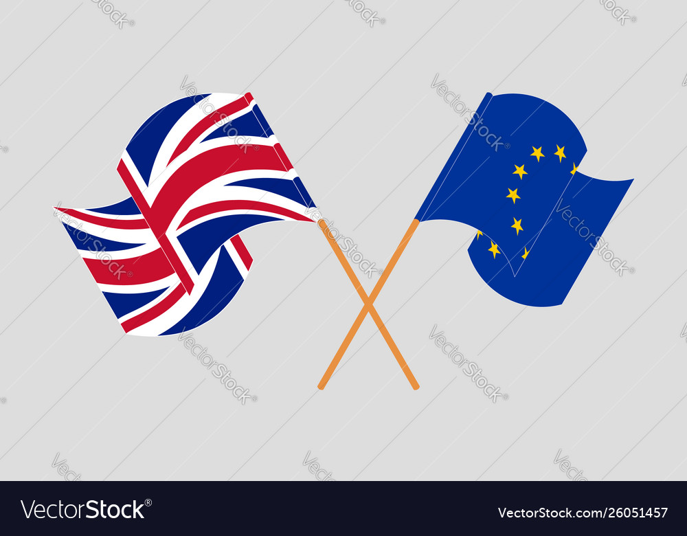 Crossed and waving flags uk and eu Royalty Free Vector Image