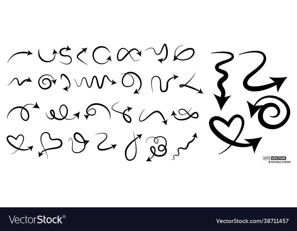Set hand drawn arrows editable stroke isolated
