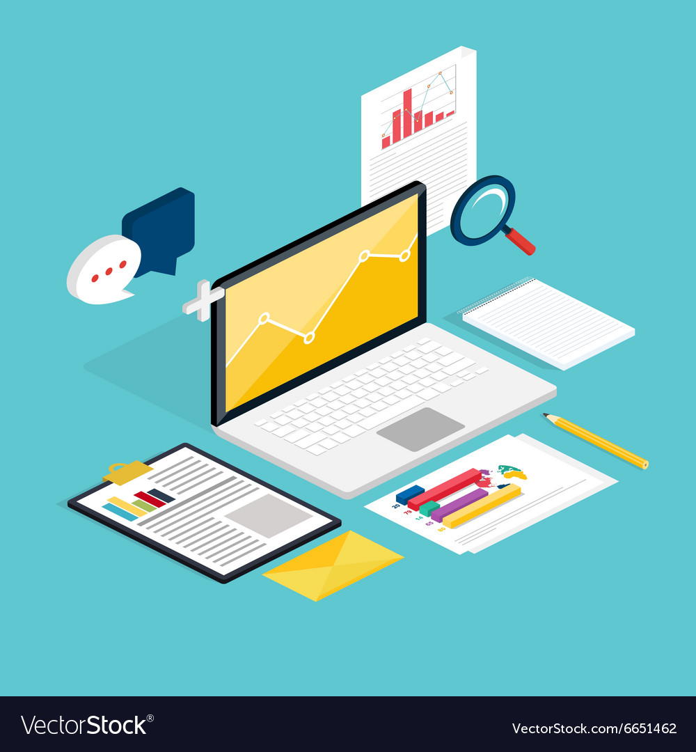 Web of analytics process with claptop and Vector Image