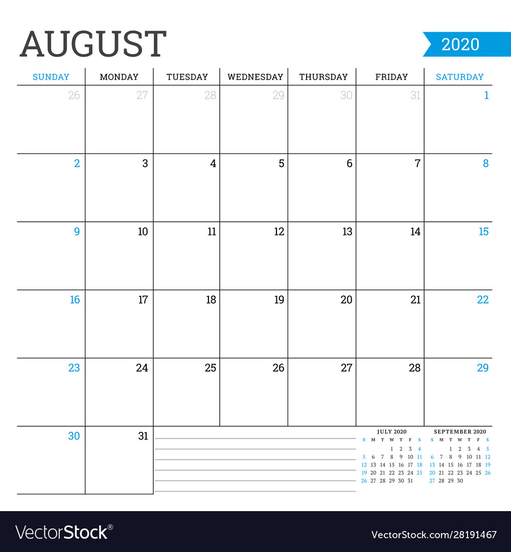 August 2020 square monthly calendar planner