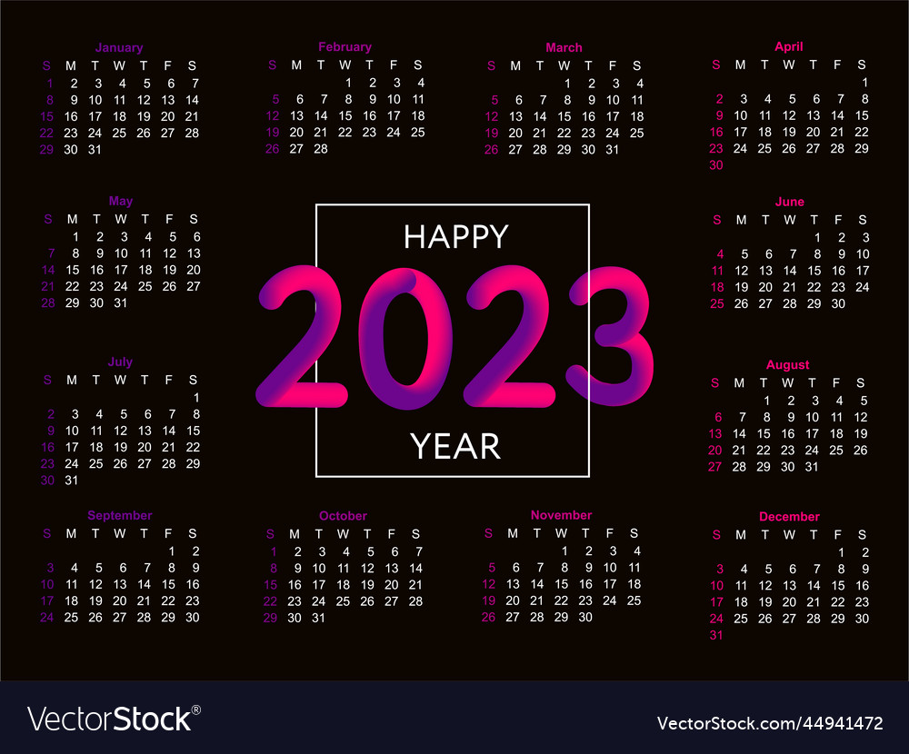 2023 calendar year the week starts on sunday Vector Image