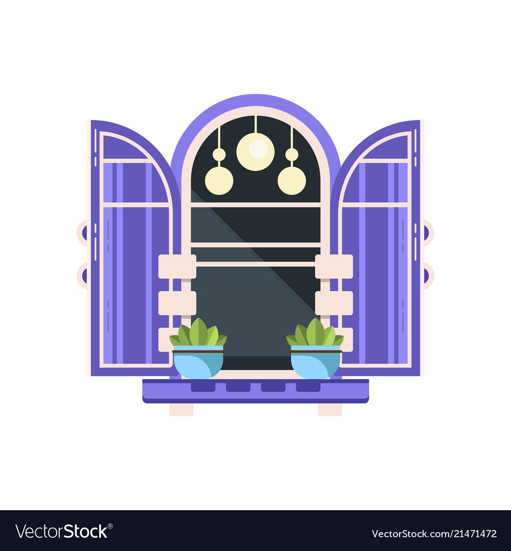 Retro arched window with blue shutters Royalty Free Vector