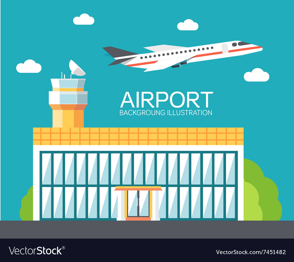 Flat building airport with flying plane tour