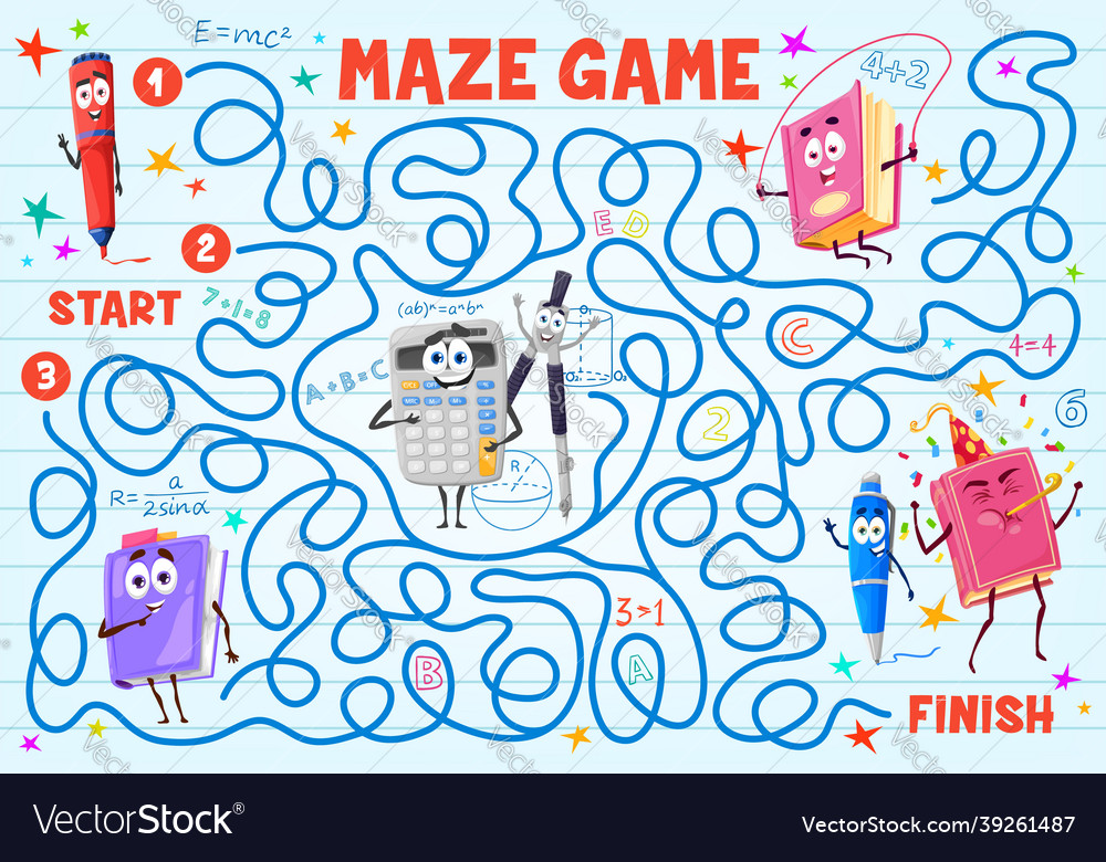 Kids maze with book stationery cartoon character Vector Image