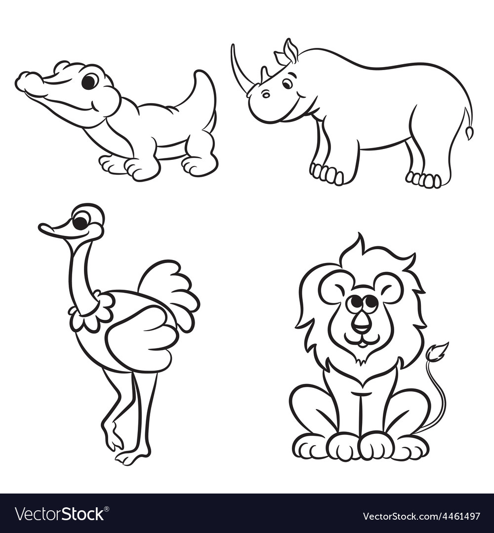 Animals set krokodile lion ostrich rhinoceros Vector Image