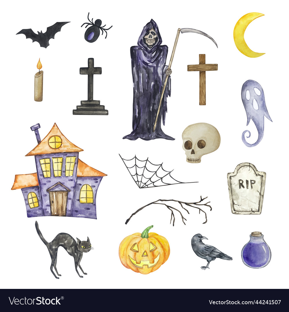 Watercolor Halloween Of Reaper Tombstone Vector Image