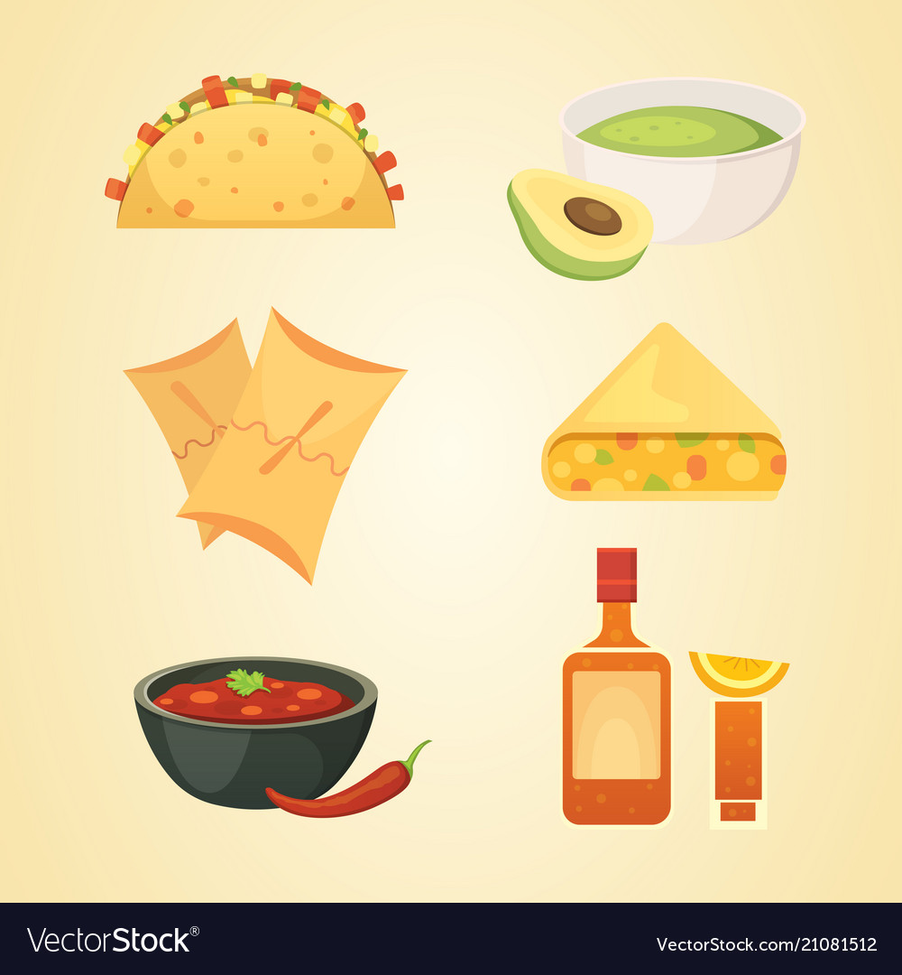 Mexican cuisine cartoon dishes set Royalty Free Vector Image