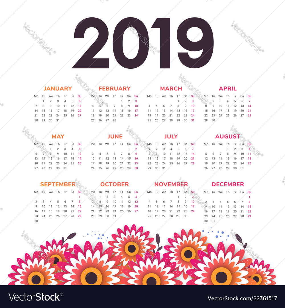 2019 new year calendar with flowers Royalty Free Vector