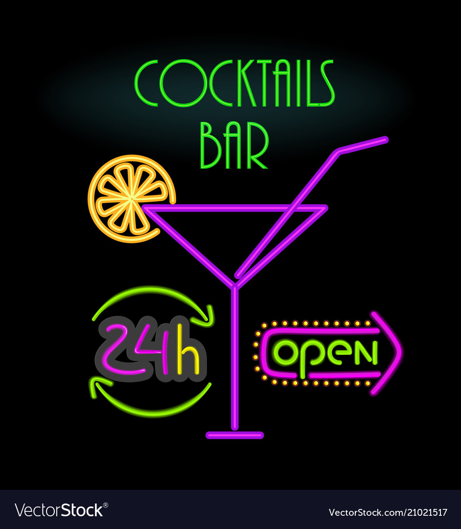 Cocktails bar open 24 hours Royalty Free Vector Image