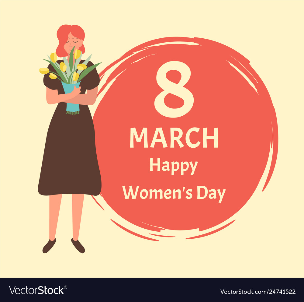 8 march women day greeting card with girl in dress