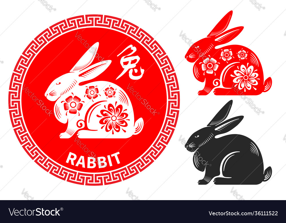 Chinese New Year Zodiac Red Rabbit with White Floral Ornament